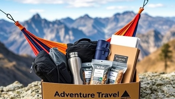 An enticing array of adventure travel essentials neatly arranged in a branded subscription box, including a compact travel hammock, foldable water bottle, trail mix packets, and a travel journal, set against a backdrop of rugged mountain scenery, evoking a sense of wanderlust and outdoor exploration.