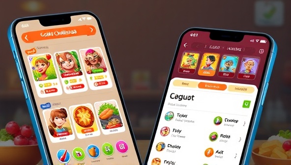 A dynamic mobile app interface showcasing a variety of cooking challenges, virtual achievements, and a leaderboard of top players, with vibrant graphics and a user-friendly design, enticing users to embark on a culinary adventure.