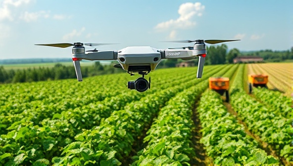 An illustration of RoboHarvest Technologies' autonomous drone flying over lush farmland, capturing data on crop health and soil conditions, with robotic harvesters in the background efficiently collecting ripe produce, symbolizing the future of smart agriculture through robotic solutions.