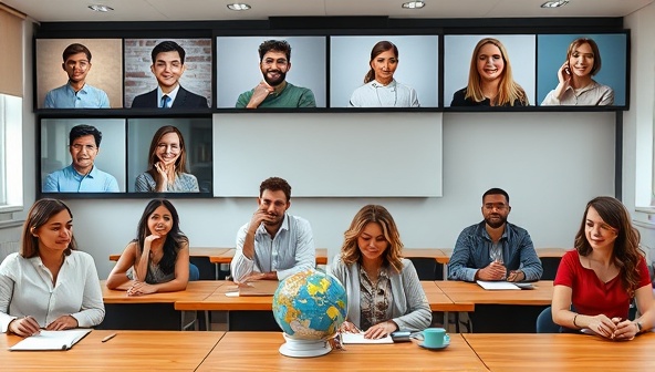 An engaging virtual classroom setting with diverse avatars representing users from different cultural backgrounds engaging in language exchange sessions, showcasing a dynamic and interactive learning environment.