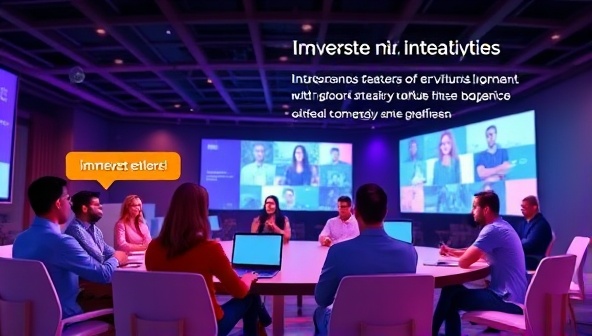 An engaging graphic showcasing a virtual event with avatars interacting in a virtual conference room, highlighting the platform's immersive and interactive features.