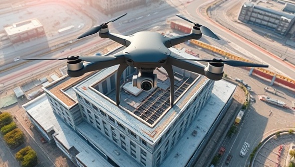 Aerial view captured by a drone showing a construction site with detailed 3D mapping overlay, highlighting the precision and accuracy of drone-based surveying services in architecture.