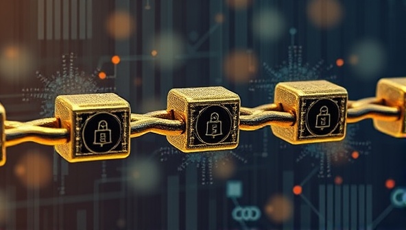 An artistic depiction of interconnected blockchain blocks forming a chain, with legal contract icons embedded in each block, symbolizing the secure and transparent nature of blockchain-based legal contracts.