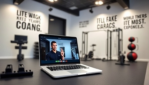 A sleek and modern virtual fitness studio setup with a laptop showing a live coaching session, fitness equipment in the background, and motivational quotes on the walls, creating a dynamic and energetic atmosphere.