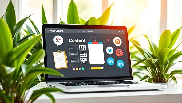 A sleek and modern laptop displaying various content creation tools like a notepad, pen, and social media icons, surrounded by vibrant green plants and natural light, symbolizing creativity and growth.