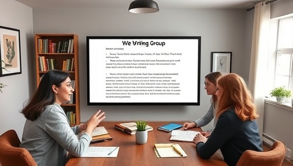 A virtual writing group meeting scene with writers gathered around a digital screen, sharing their works-in-progress, offering feedback, and engaging in lively discussions, fostering a sense of camaraderie and collaboration within the WriteWell Circle community.