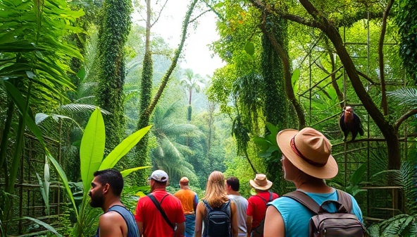 A vibrant and lush rainforest canopy with a group of travelers engaged in a guided eco-tour, surrounded by diverse wildlife and indigenous flora, capturing the essence of sustainable adventure travel.