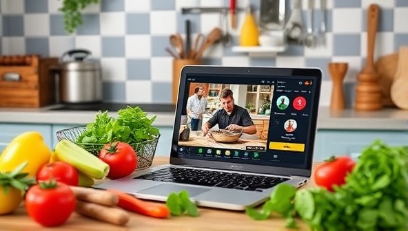 A vibrant kitchen setting with fresh ingredients, cooking utensils, and a laptop displaying a live cooking class, showcasing an interactive and engaging culinary experience.