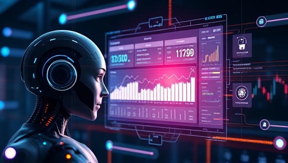An advanced AI system analyzing a virtual investment portfolio on a futuristic holographic display, with data charts, graphs, and performance metrics floating in the air, symbolizing cutting-edge technology and intelligent investment strategies offered by OptiWealth.