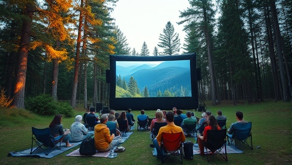 An enchanting outdoor theater setup in a lush forest clearing, a large screen displaying a vibrant nature documentary, audiences seated on eco-friendly blankets and camping chairs, surrounded by trees and nature sounds, embodying the harmony between cinema and the great outdoors.