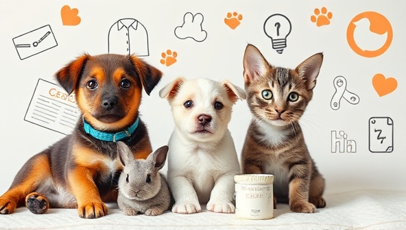 A captivating visual of adorable pets (dogs, cats, and rabbits) surrounded by insurance documents and medical icons, symbolizing the protection and care provided by PetProtector