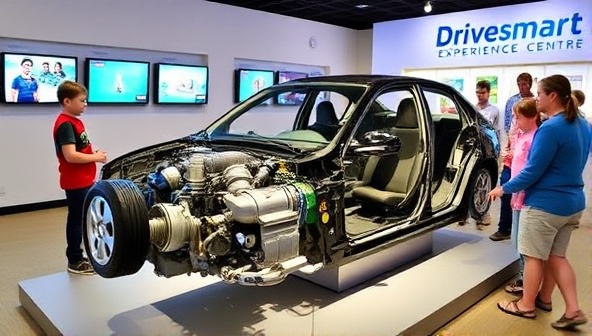 An interactive exhibit at the DriveSmart Experience center featuring a cutaway model of a car engine with animated displays showing how different components work together, engaging visitors in hands-on learning about automotive technology and mechanics.