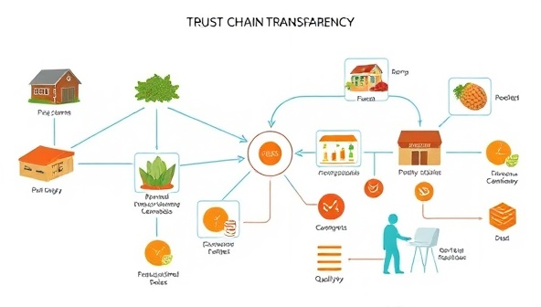 An illustrated flowchart depicting a blockchain network connecting farms, processing facilities, retailers, and consumers, with transparent data points showing product origins, certifications, and quality metrics, symbolizing trust and transparency in the food supply chain.