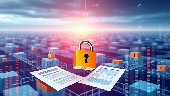 A futuristic digital landscape with interconnected blocks representing blockchain technology, overlaid with financial audit documents and security locks, symbolizing the integration of blockchain security in auditing processes, evoking trust and innovation.