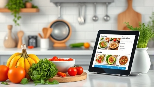 An aesthetically pleasing virtual kitchen setup with fresh ingredients, cooking utensils, and a digital tablet displaying healthy recipes, evoking a sense of culinary creativity and wellness focus for a nutrition coaching program.