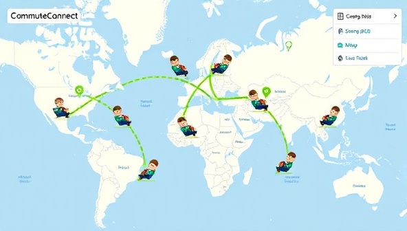 An interactive map interface displaying virtual carpooling routes with animated avatars representing users sharing rides, surrounded by city icons and green mobility symbols, illustrating the efficiency and eco-friendly aspect of CommuteConnect.