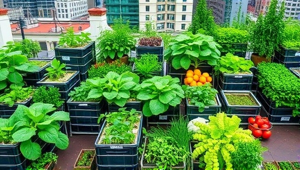 A vibrant image of a rooftop garden filled with lush green plants, colorful vegetables, and a diverse array of herbs, showcasing the beauty and abundance of urban farming.