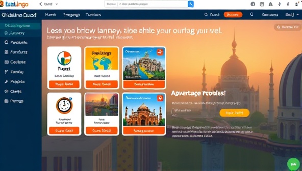 An engaging screenshot of the GlobaLingo Quest platform interface featuring colorful language modules, interactive quizzes, and virtual travel scenarios, enticing users to embark on a language learning journey to enhance their travel adventures.