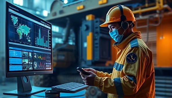 An innovative concept art showcasing a remote maintenance technician monitoring mining equipment through a digital interface, analyzing real-time data and conducting virtual repairs, illustrating the advanced capabilities of RemoteFix Miners in remote equipment maintenance.