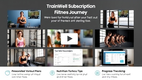 An engaging promotional video featuring snippets of live training sessions, personalized workout plans, nutritional tips, and progress tracking tools offered through TrainWell Subscription, showcasing the diversity of workouts, expert coaching, and interactive features available to members, conveying a sense of empowerment and progress in fitness journeys.