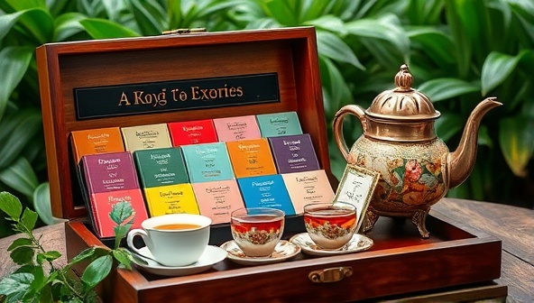 An elegant wooden tea box filled with colorful exotic tea blends, accompanied by a vintage teapot and delicate tea cups, set against a backdrop of lush greenery, evoking a sense of tranquility and luxury.