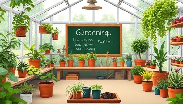 An inviting illustration of a virtual greenhouse classroom filled with diverse potted plants, gardening tools, and a chalkboard displaying gardening tips, surrounded by a lush garden backdrop, inspiring a love for plants and nature in learners.