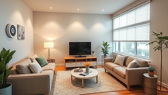 A modern living room setting with smart home devices integrated, such as a smart thermostat, lighting controls, and automated blinds, all controlled through a smartphone app, showcasing a comfortable, energy-efficient home environment with a futuristic touch.