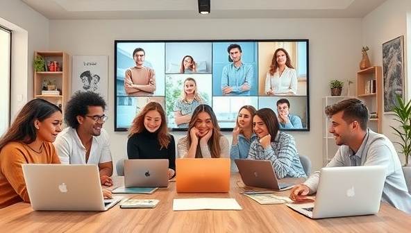 A digital workspace showcasing a diverse group of influencers collaborating virtually, with laptops open and creative mood boards displayed, symbolizing unity and creativity in influencer marketing.