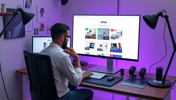 An innovative workspace setup with a designer using VoiceDesign Studio, speaking commands to customize elements on a website displayed on a screen, surrounded by voice recognition devices and creative design tools, illustrating the seamless and futuristic design process.