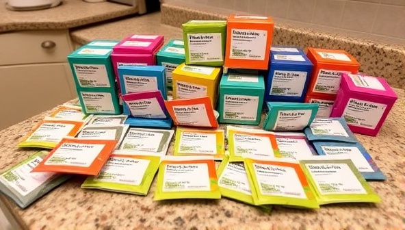 An array of colorful, compact medication packages neatly arranged on a kitchen counter, with each pack labeled with the recipient's name and dosage information, portraying convenience and organization.