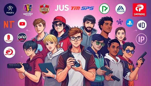 A digital art illustration of a diverse group of gaming talents represented by the agency, each depicted with unique gaming skills and personalities, surrounded by brand logos and collaboration opportunities, symbolizing the agency's role in fostering talent growth and success in the gaming industry.