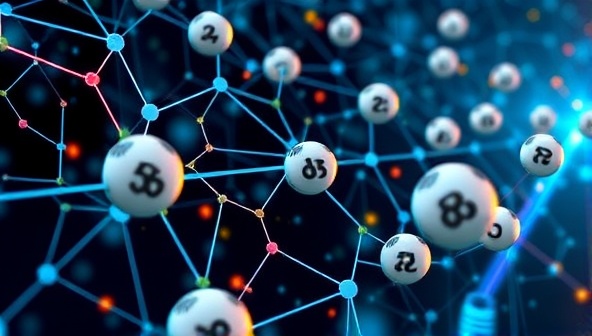 A dynamic digital illustration showcasing a blockchain network with lottery balls moving swiftly through digital nodes, symbolizing the secure and instant nature of Crypto Lucky Draw's blockchain-based lottery system.