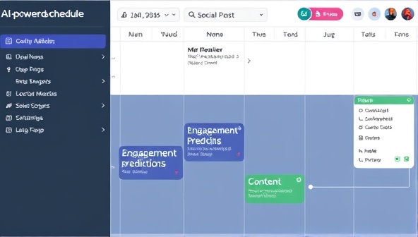 An AI-powered scheduler interface displaying a calendar with scheduled social media posts, engagement predictions, and content suggestions, illustrating automation and optimization benefits.