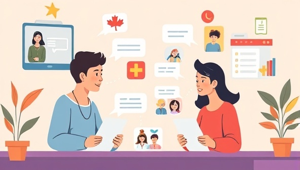 An engaging digital illustration of a virtual language exchange session, featuring users from different cultural backgrounds engaging in language practice through video calls, chat interactions, and sharing language resources, creating a vibrant and inclusive online language learning environment.
