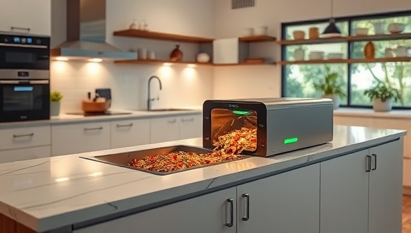 A modern kitchen with a waste-to-energy unit seamlessly integrated into the countertop, converting food scraps into energy, with a glowing light indicating successful energy generation, showcasing the innovation and sustainability of the product.