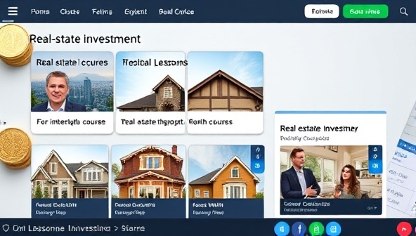 An online course platform interface displaying real estate investment course modules, interactive quizzes, and video lessons, with a background of property images and investment charts, symbolizing the educational opportunities and wealth-building potential of real estate investments.