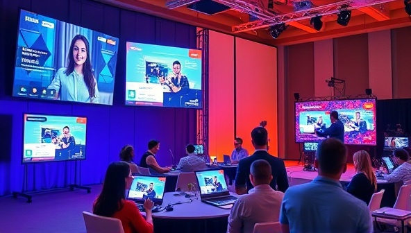 A vibrant and dynamic virtual event setup with digital screens displaying engaging content, virtual attendees interacting, and a host managing the event flow seamlessly, conveying a sense of innovation and connectivity.