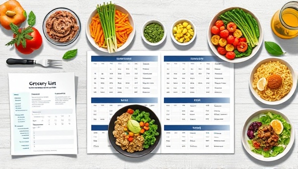 An artistic depiction of a personalized meal plan layout with colorful and nutritious dishes arranged in a visually appealing manner, accompanied by a grocery list and a wellness tracker, illustrating the convenience and health benefits of MealCrafters' service.