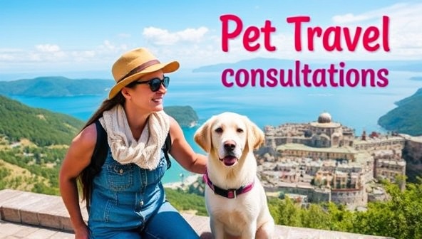A picturesque image of a pet owner with their pet enjoying a scenic pet-friendly travel destination, showcasing the bond between the pet and owner during their travel adventure, promoting the idea of stress-free pet travel consultations.