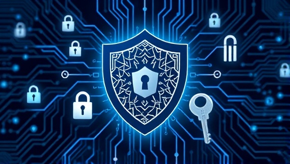 A digital illustration of a shield logo with intricate cybersecurity patterns, surrounded by digital locks and keys, symbolizing protection and defense against cyber threats, representing the CyberGuard Shield service.