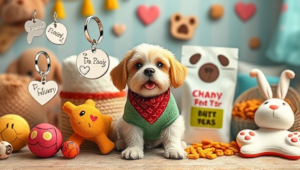 An adorable and heartwarming scene featuring a variety of personalized pet accessories, including engraved pet tags, embroidered bandanas, and custom pet clothing, displayed on a furry model surrounded by playful pet toys and wholesome pet treats, set against a cozy and pet-friendly background that radiates joy and companionship.