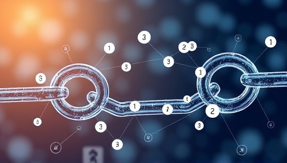 A digital chain link forming a circle with various rewards and loyalty points interconnected, symbolizing the secure and connected nature of loyalty programs powered by blockchain technology.