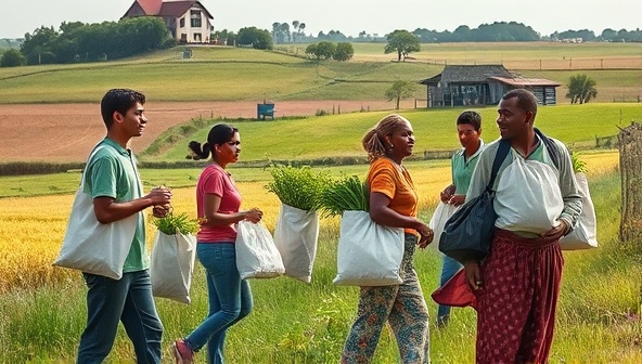 An idyllic countryside scene showcasing a group of diverse community members working together to deliver fresh, locally sourced produce in reusable eco-friendly bags, fostering a sense of community and sustainability.