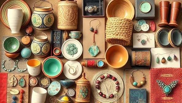 An artistic collage of various handcrafted items like pottery, jewelry, and textiles displayed together in a visually appealing way, highlighting the diversity and creativity of the local artisan products.