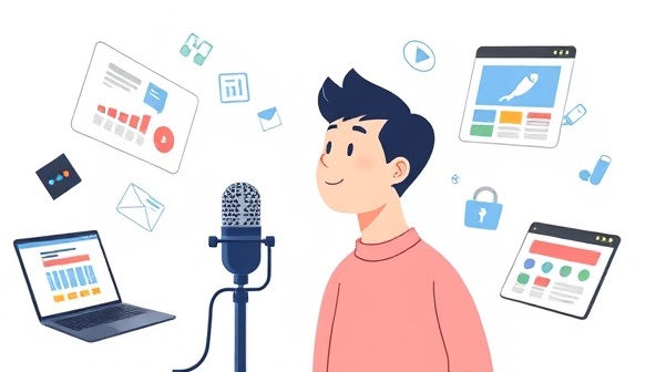 An illustration of a user speaking to a microphone, surrounded by floating design elements and website previews, with VoiceDesignPro's interface responding to voice commands, highlighting the innovative and user-friendly nature of the voice-activated web design tool.