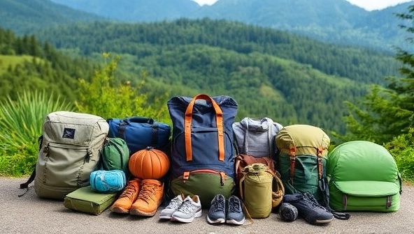 An assortment of eco-friendly outdoor gear neatly displayed against a backdrop of lush greenery and natural scenery, showcasing the harmony between responsible travel choices and outdoor adventures.
