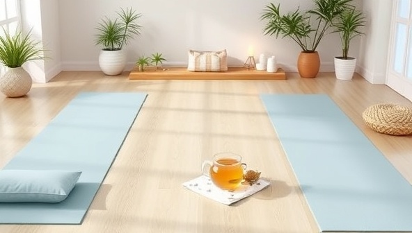 A serene image featuring a virtual wellness retreat setup with yoga mats, meditation cushions, herbal teas, and calming decor elements, inviting participants to immerse themselves in a peaceful and rejuvenating retreat experience from the comfort of their homes.