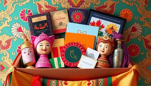An elegantly designed subscription box overflowing with colorful and diverse cultural items from around the world, showcasing the richness and diversity of global cultures encapsulated in each monthly delivery.