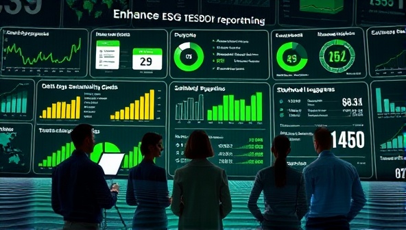 An impactful visual of a digital platform displaying ESG performance metrics, sustainability goals, and stakeholder engagement data, with a diverse group of professionals collaborating virtually to enhance ESG reporting practices, symbolizing transparency and accountability in business operations.