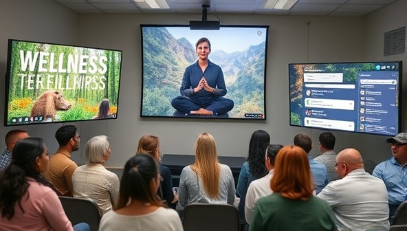 A virtual wellness workshop scene featuring a diverse group of participants engaging in a live session with a wellness expert, surrounded by digital screens displaying wellness tips, nature backgrounds, and interactive chat features, fostering a sense of community and learning.